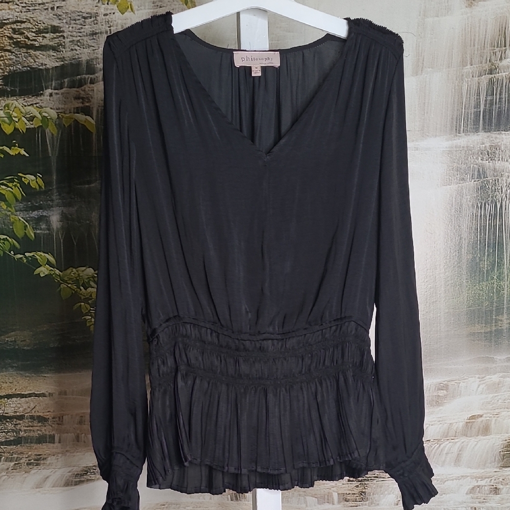 Philosophy Womens Medium Black V Neck Peplum Blouse